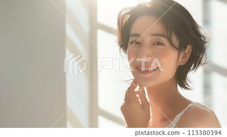 Middle-aged woman touching her skin in the room Beauty image AI 113380394