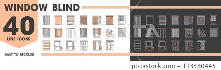 Window blinds, curtains and jalousie line icons of home interior drapes, vector pictograms. Window shades and blackout curtains or automatic shutter drapes for house living room or apartment bedroom 113380445