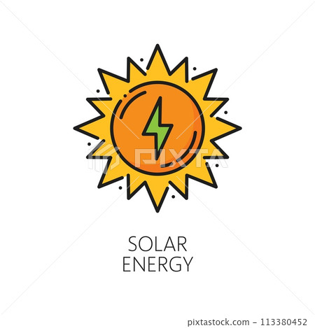 Clean solar energy, green power outline icon. Clean electricity sustainable source, ecological electric power station or solar energy industry line vector color icon or sign with sun, green lightning 113380452