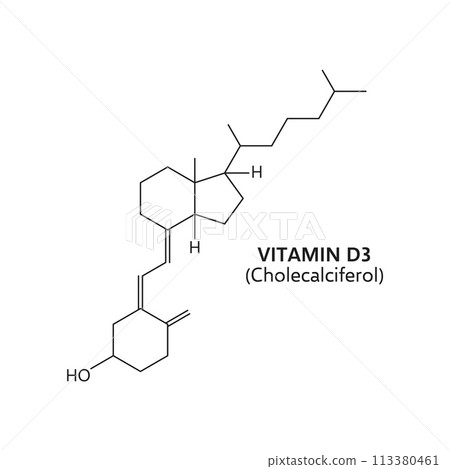 Vitamin d3, or cholecalciferol, exhibits a molecular structure with a steroid backbone. Its composition includes a hexacyclic ring system essential for its role in calcium absorption and bone health Vitamin d3, or cholecalciferol, exhibits a molecular structure with a steroid backbone. Its composition includes a hexacyclic ring system essential for its role in calcium absorption and bone health 113380461