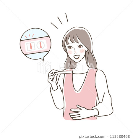 An illustration of a woman who is happy about being pregnant after getting a positive pregnancy test result. 113380468