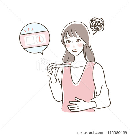 Illustration of a woman who is sad after getting a negative pregnancy test result. 113380469
