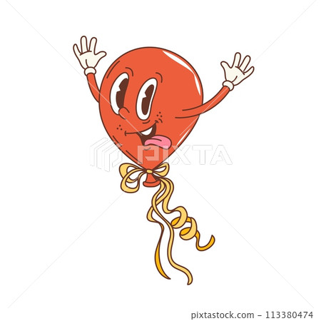 Retro cartoon groovy holiday balloon character. Isolated vector red vibrant whimsical comic balloon personage floats through the air, spreading cheer and joy with a nostalgic touch and cheerful vibes Retro cartoon groovy holiday balloon character. Isolated vector red vibrant whimsical comic balloon personage floats through the air, spreading cheer and joy with a nostalgic touch and cheerful vibes 113380474