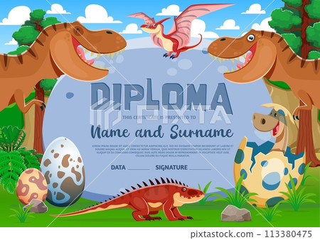 Kids diploma with funny tyrannosaur rex and baby dinosaur characters. Vector recognition certificate template for kiddos awesome achievements. Prehistoric praise for children triumph or graduation Kids diploma with funny tyrannosaur rex and baby dinosaur characters. Vector recognition certificate template for kiddos awesome achievements. Prehistoric praise for children triumph or graduation 113380475