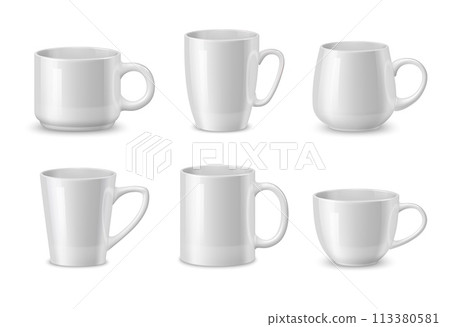 Realistic white ceramic coffee mugs and tea cups, vector tableware mockups. Different mugs and cups with handle for tea or coffee and hot drinks, porcelain kitchenware or dishware and crockery mockups Realistic white ceramic coffee mugs and tea cups, vector tableware mockups. Different mugs and cups with handle for tea or coffee and hot drinks, porcelain kitchenware or dishware and crockery mockups 113380581