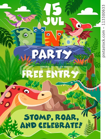 Birthday party flyer, cartoon dinosaur characters and dino kids. Vector invitation poster for birthday bash celebration, with Jurassic period monsters offering fun, games, and prehistoric adventures 113380633