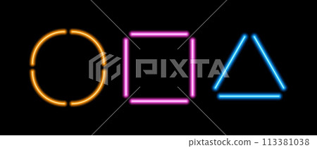 Neon tube geometric shapes set. Glowing circle, square and rectangle frame collection. Luminous orange, pink, blue light lamp border bundle. Colorful led fluorescent segments pack. Vector illustration 113381038
