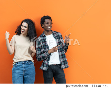 Cheerful Young Couple Pointing and Looking Excited Over Orange Cheerful Young Couple Pointing and Looking Excited Over Orange 113381349