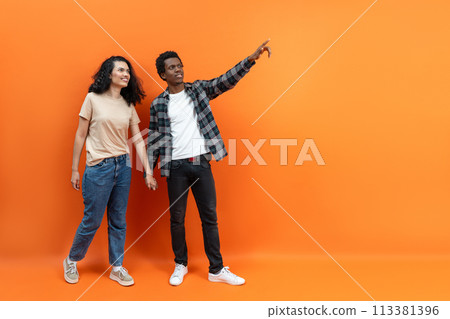 Young Couple In Casuals Pointing at Something Off Screen Young Couple In Casuals Pointing at Something Off Screen 113381396