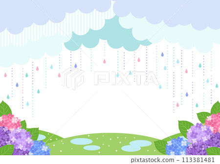 Rainy season, background, illustration, rain, hydrangea, bright, horizontal 113381481