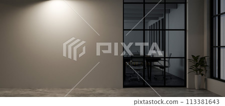 The interior design of a contemporary office corridor at night with a dim light on the empty wall. The interior design of a contemporary office corridor at night with a dim light on the empty wall. 113381643