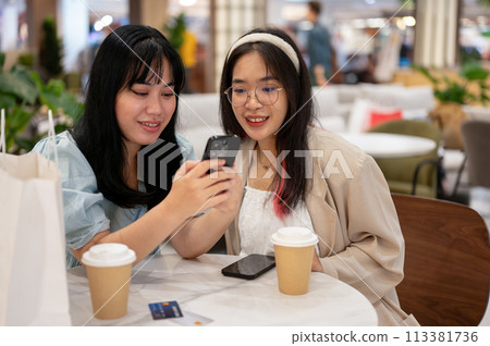 Two Asian female friends are enjoying talking while sitting together in a cafe in the shopping mall. 113381736