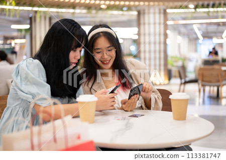 Two happy young Asian female friends are hanging out together at the shopping mall on the weekend. 113381747
