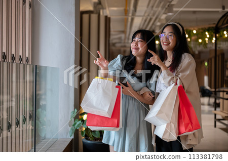 Two happy young Asian women pointing and smiling in a stylish shopping area, holding shopping bags. 113381798