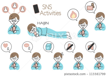 Useful for creating diagrams for SNS operation! A set of a man in a suit struggling with SNS and a speech bubble icon 113381799