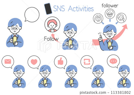 Useful for creating diagrams for SNS operation! A set of men in suits enjoying SNS and speech bubble icons 113381802