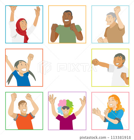 Illustration of multi-ethnic people cheering 113381918