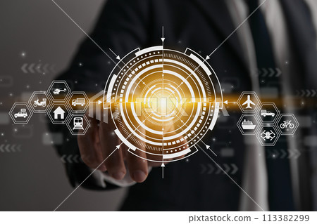 Businessman Hand and Finger Touch HUD Logistics Icon Businessman Hand and Finger Touch HUD Logistics Icon 113382299