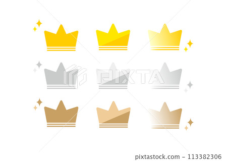 Cute gold, silver and bronze crown icon set 113382306