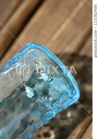 Copper turquoise hook earrings on Ryukyu glass Natural stone earrings 113382480