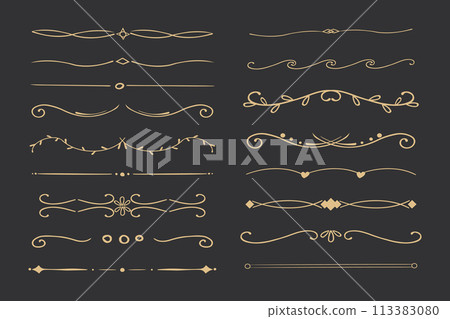 Elegant gold divider thin line classic deco border separator collection isolated on dark background. Florish arnament, embelish. Elegant gold divider thin line classic deco border separator collection isolated on dark background. Florish arnament, embelish. 113383080