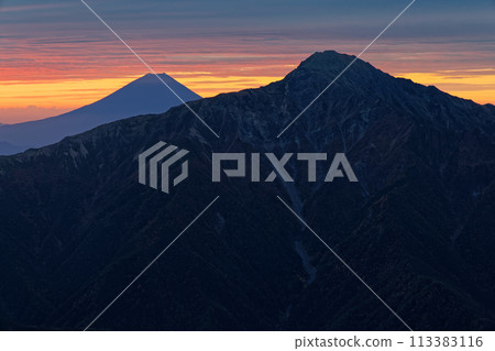 Mount Fuji and Mount Kita at dawn as seen from Mount Senjo in the Southern Alps 113383116