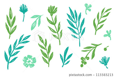 Leaf brush hand drawn ink elements. Green crayon texture brush abstract olive, flower, leaf abstract hand drawn illustration. Brush branch, botanical floral silhouette vector Leaf brush hand drawn ink elements. Green crayon texture brush abstract olive, flower, leaf abstract hand drawn illustration. Brush branch, botanical floral silhouette vector 113383213