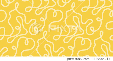 Noodle pasta seamless pattern vector background. Spaghetti curvy doodle pattern, Italian pasta background. Chinese abstract noodle, ramen design yellow food wallpaper. Vector 113383215