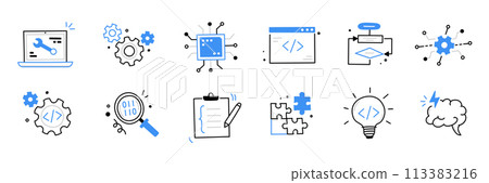 Software code icon doodle set. Hand drawn line sketch software coding doodle. Computer program build technology, data operate, application product test icon. Program build vector 113383216