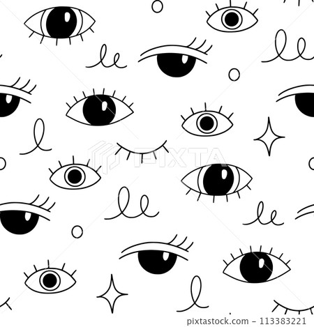 Eye doodle seamless vector pattern. Hand drawn doodle sketch simple background. Open, wink eyes minimal seamless pattern. Abstract pop beauty background. Vector Eye doodle seamless vector pattern. Hand drawn doodle sketch simple background. Open, wink eyes minimal seamless pattern. Abstract pop beauty background. Vector 113383221