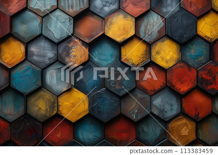 Colorful mosaic of hexagons made of wood. The colors are bright and bold, creating a sense of energy and excitement 113383459