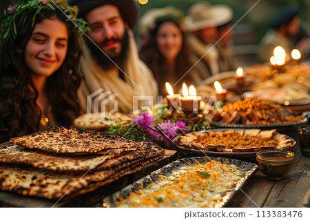 Festive table for celebrating Passover against the background of an Israeli Jewish family celebrating 113383476
