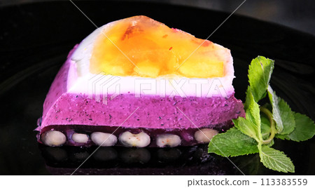 Fruit jelly dessert or panna cotta with fresh strawberries and blueberries, on white background 113383559