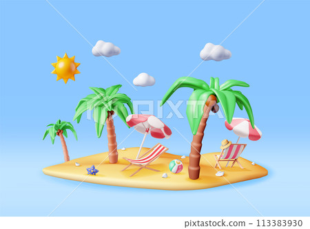 3D Deck Chair, Swim Ball, Starfish and Palm Tree. 113383930