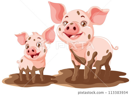 Happy Piglet and Parent in Mud Happy Piglet and Parent in Mud 113383934