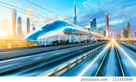 Futuristic train high speed travel in motion at the railway station in modern city with motion effect. 113383999