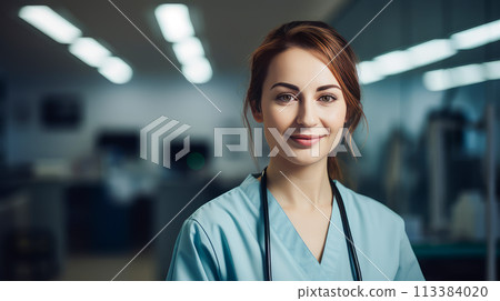 Doctor woman in a modern bright room in a medical hospital with modern equipment, new technologies. 113384020