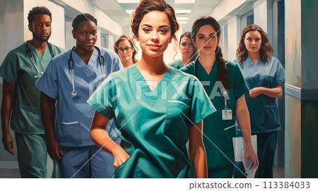 Young doctor woman in uniform with her team of doctors in a medical hospital with modern equipment. 113384033