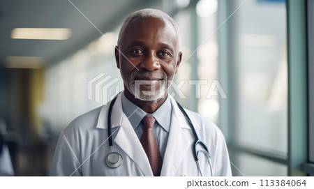Portrait of a smiling dark-skinned elderly African American doctor man with a stethoscope in a medical hospital with modern equipment. 113384064