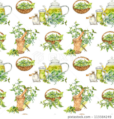 Wooden utensil, glass teapot with herb tea and nettle watercolor seamless pattern isolated on white. Herb sachet and straw basket with medicinal plants hand drawn. Design for textile, wrapping Wooden utensil, glass teapot with herb tea and nettle watercolor seamless pattern isolated on white. Herb sachet and straw basket with medicinal plants hand drawn. Design for textile, wrapping 113384249