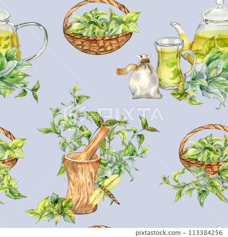 Wooden utensil, glass teapot with herb tea and nettle watercolor seamless pattern isolated on blue. Herb sachet and straw basket with medicinal plants hand drawn. Design for textile, wrapping 113384256