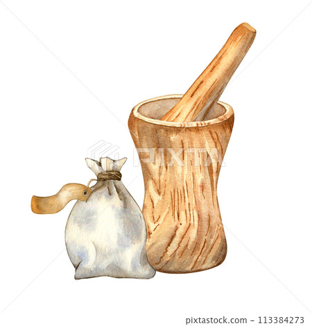 Watercolor illustration of wooden mortar with pestle for medicinal herbs isolated on white . Herb sachet with label. Wooden utensil hand drawing. Element for label herbal plants, herbalism, spice 113384273