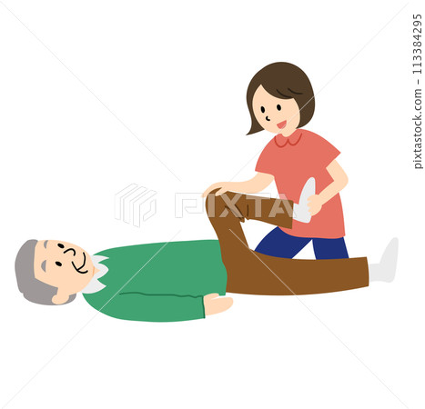 A man stretching his legs and a visiting nurse assisting him A man stretching his legs and a visiting nurse assisting him 113384295
