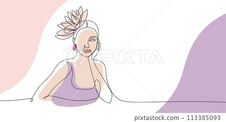Abstract one line continuous woman minimalist portrait on white background. Hand drawn outline vector illustration. 113385093