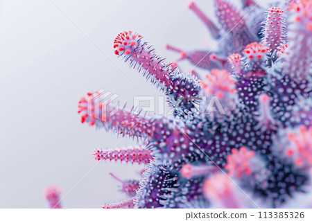A close-up view of Disease X pathogen under a high-resolution microscope, unique structure with a halo of spike proteins, set against a stark, clinical white background 113385326