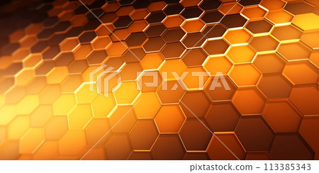 Abstract orange background with hexagons and glowing lights 113385343