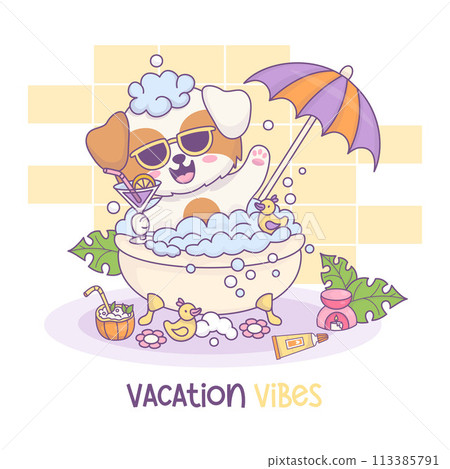 Charming relaxed, sunglass-wearing cartoon dog soaking in bubble bath with drink, under sun umbrella. Whimsical sunny vacation atmosphere at home in bathroom with animal character. Vector illustration 113385791