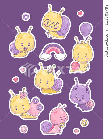 Sticker collection Funny snail character. Comic kawaii insect with flower, balloon and rainbow, mollusk old man grandfather with glasses in retro style. Isolated vector illustration. Kids collection Sticker collection Funny snail character. Comic kawaii insect with flower, balloon and rainbow, mollusk old man grandfather with glasses in retro style. Isolated vector illustration. Kids collection 113385795