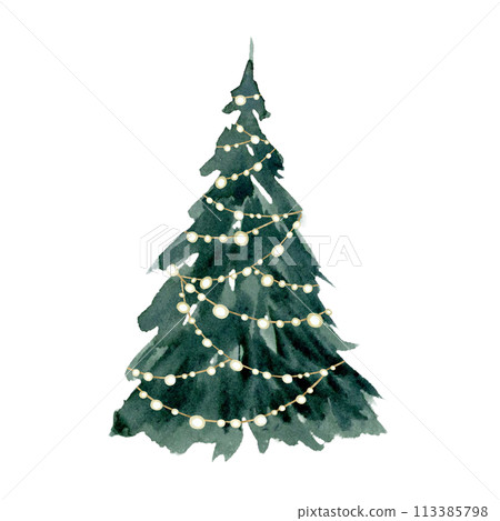 Christmas tree garland with lights garland watercolor sketch illustration isolated on white background in simple style for Happy New Year greeting cards and designs 113385798