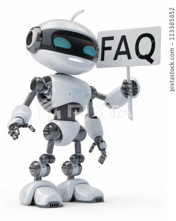A friendly android or chat robot holding white 'FAQ' board, offering customer help and information services. 113385852